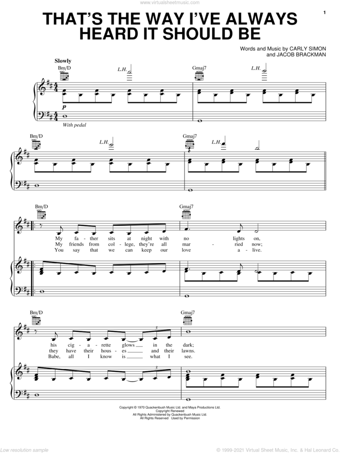 That's The Way I've Always Heard It Should Be sheet music for voice, piano or guitar by Carly Simon and Jacob Brackman, intermediate skill level