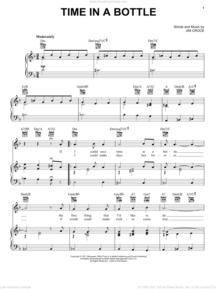 Time In A Bottle sheet music for voice, piano or guitar by Jim Croce, intermediate skill level