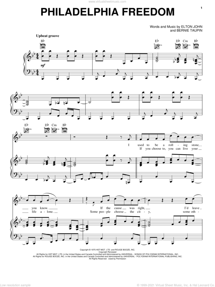 Philadelphia Freedom sheet music for voice, piano or guitar by Elton John and Bernie Taupin, intermediate skill level