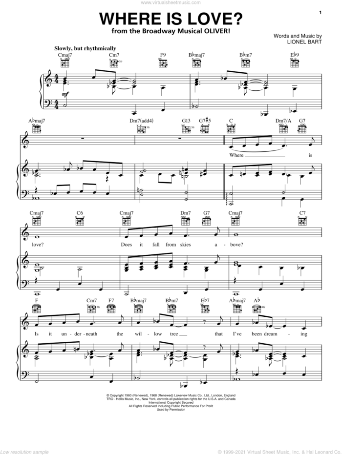 Where Is Love? sheet music for voice, piano or guitar by Lionel Bart and Oliver! (Musical), intermediate skill level
