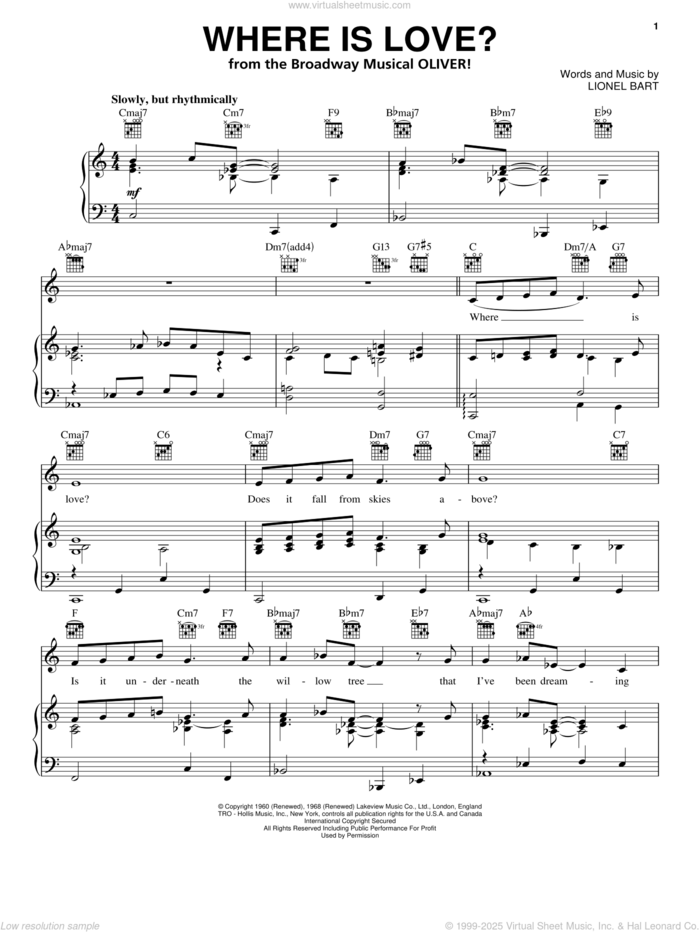 Where Is Love? sheet music for voice, piano or guitar by Lionel Bart and Oliver! (Musical), intermediate skill level