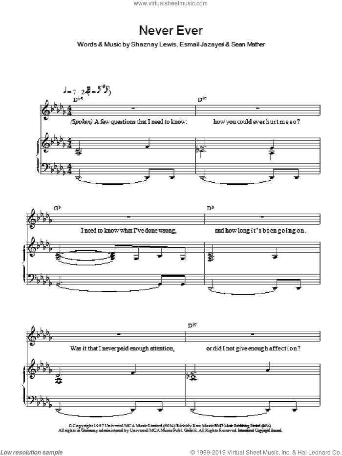 Never Ever sheet music for voice and piano by All Saints, Esmail Jazayeri, Sean Mather and Shaznay Lewis, intermediate skill level