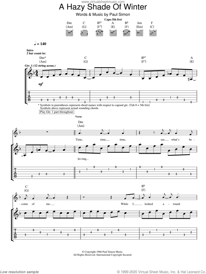 A Hazy Shade Of Winter sheet music for guitar (tablature) by Simon & Garfunkel and Paul Simon, intermediate skill level