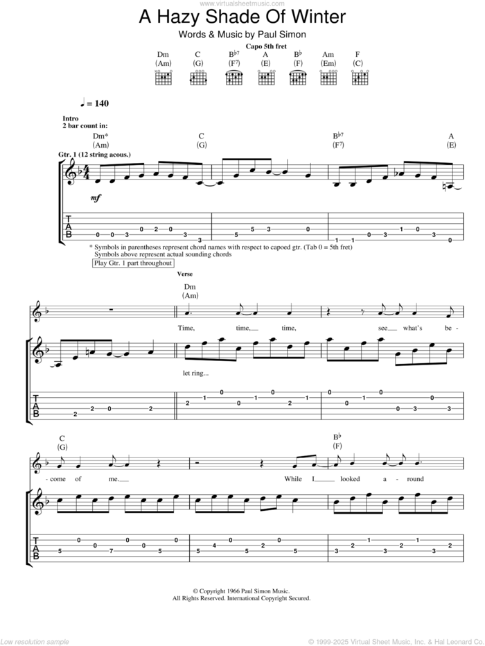 A Hazy Shade Of Winter sheet music for guitar (tablature) by Simon & Garfunkel and Paul Simon, intermediate skill level