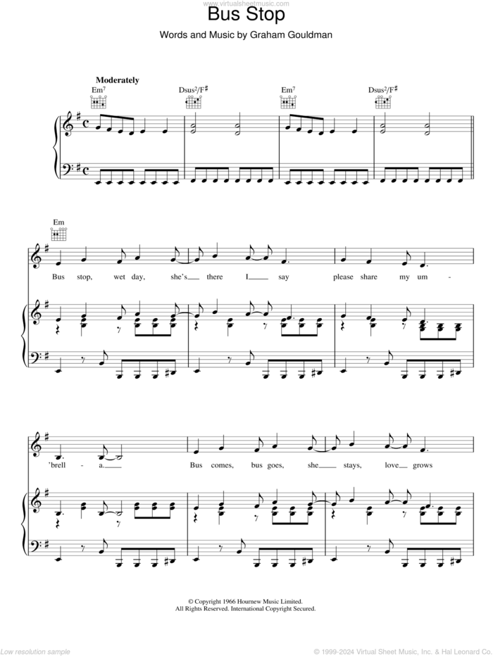 Bus Stop sheet music for voice, piano or guitar by The Hollies and Graham Gouldman, intermediate skill level