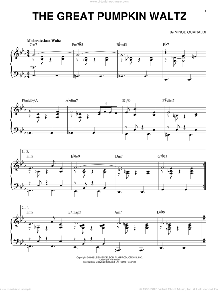 The Great Pumpkin Waltz sheet music for piano solo by Vince Guaraldi, intermediate skill level