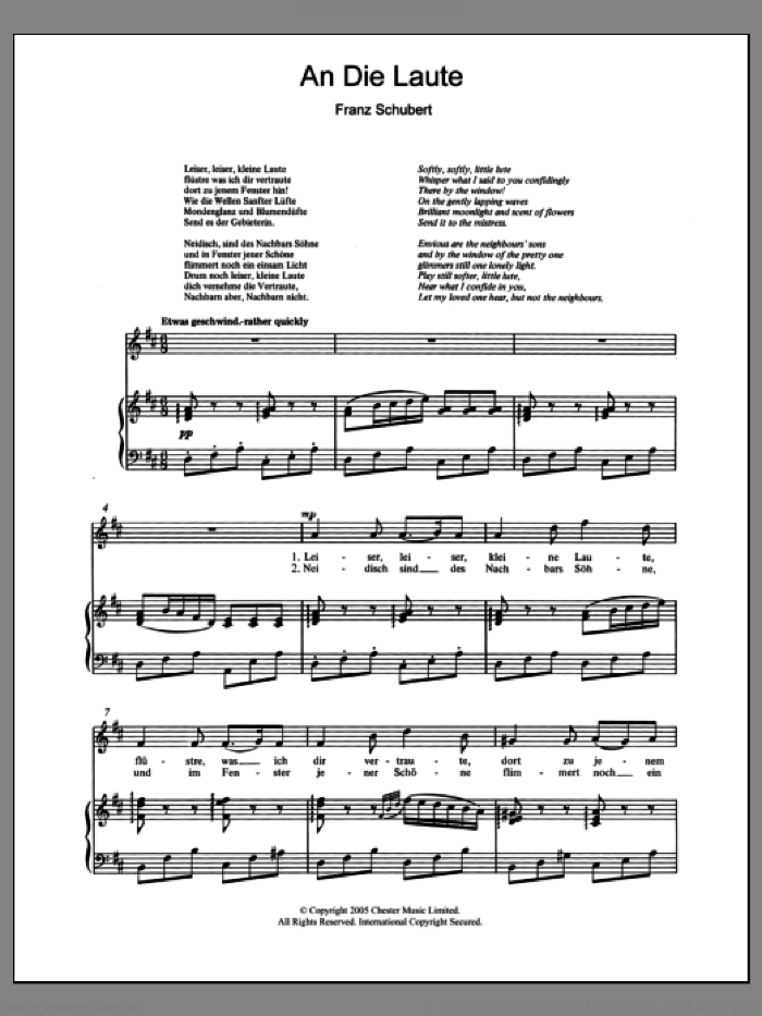 An Die Laute (To The Lute) Op.81 No.2 sheet music for voice and piano by Franz Schubert, classical score, intermediate skill level