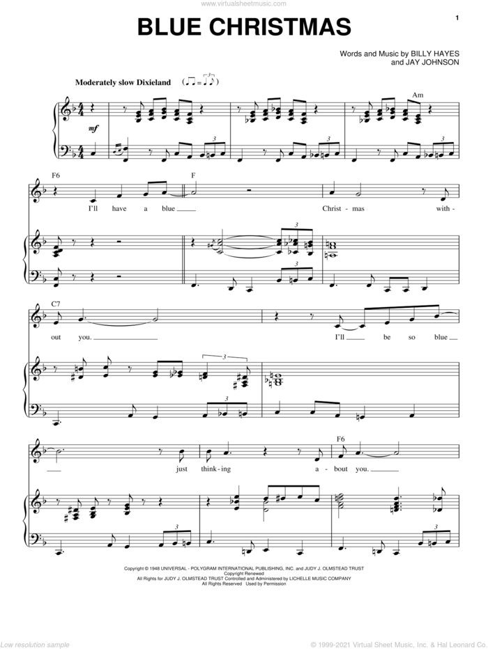 Blue Christmas sheet music for voice and piano by Michael Buble, Elvis Presley, Billy Hayes and Jay Johnson, intermediate skill level