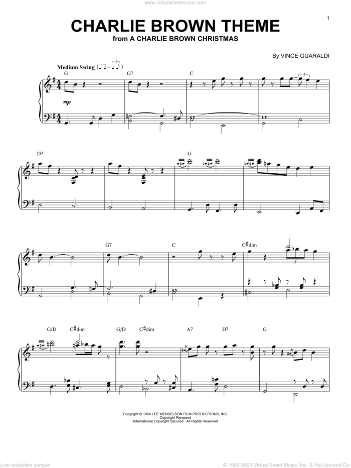 Charlie Brown Theme sheet music for piano solo by Vince Guaraldi, intermediate skill level
