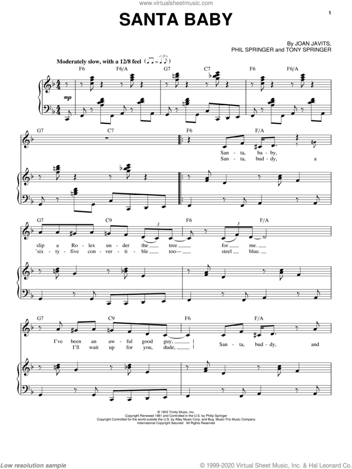 Santa Baby sheet music for voice and piano by Michael Buble, Joan Javits, Phil Springer and Tony Springer, intermediate skill level