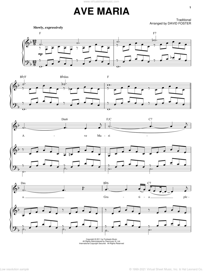 Ave Maria sheet music for voice and piano by Michael Buble and David Foster, intermediate skill level