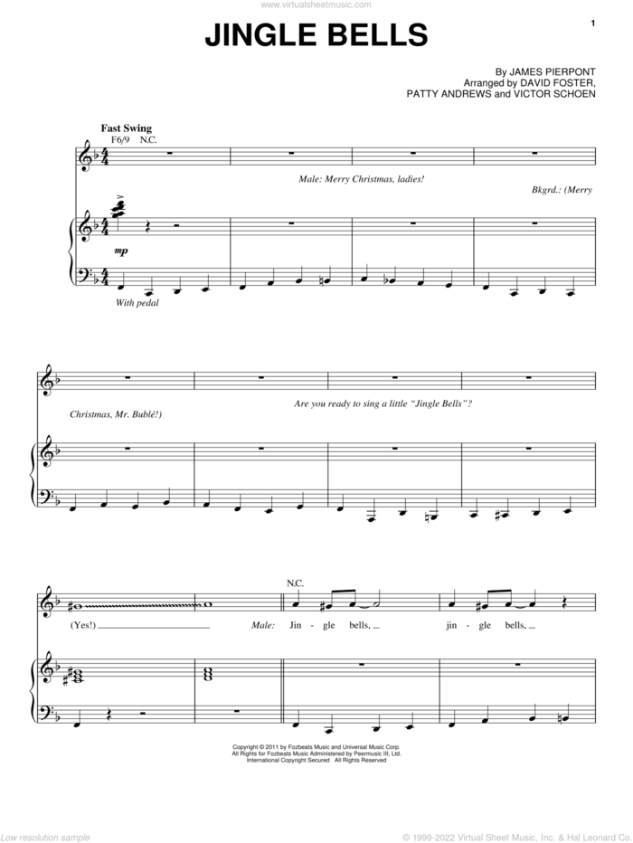 Jingle Bells sheet music for voice and piano by Michael Buble, David Foster and James Pierpont, intermediate skill level