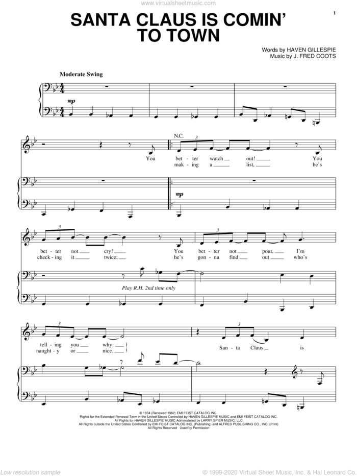 Santa Claus Is Comin' To Town sheet music for voice and piano by Michael Buble, Haven Gillespie and J. Fred Coots, intermediate skill level