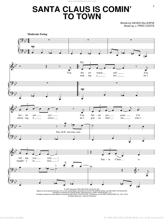 Santa Claus Is Comin' To Town sheet music for voice and piano by Michael Buble, Haven Gillespie and J. Fred Coots, intermediate skill level