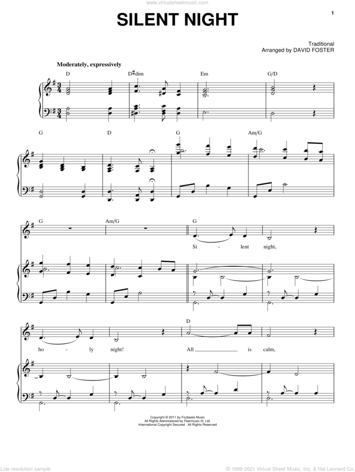 Silent Night sheet music for voice and piano by Michael Buble and David Foster, intermediate skill level