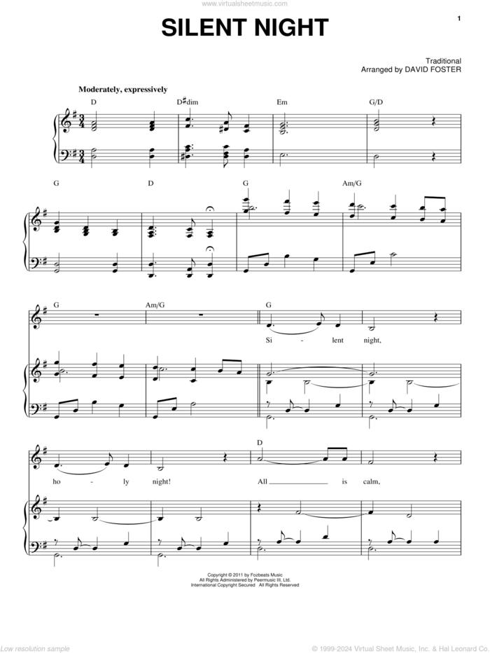 Silent Night sheet music for voice and piano by Michael Buble and David Foster, intermediate skill level