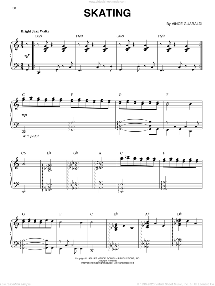 Skating sheet music for piano solo by Vince Guaraldi, intermediate skill level