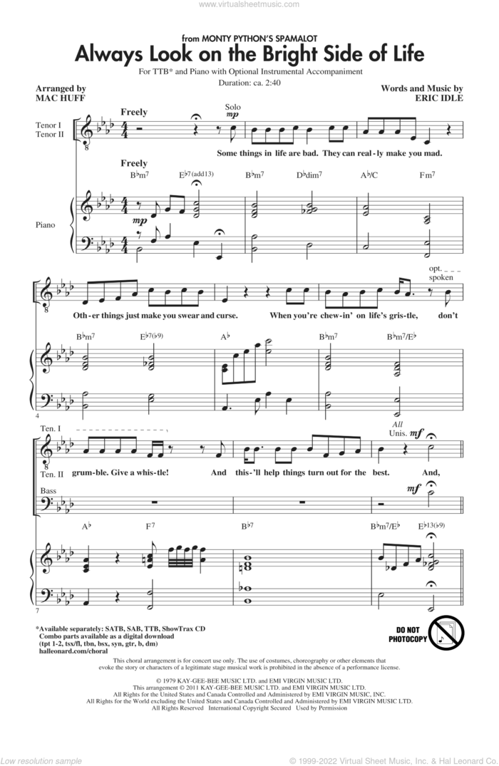 Always Look On The Bright Side Of Life sheet music for choir (TTB: tenor, bass) by Eric Idle and Mac Huff, intermediate skill level