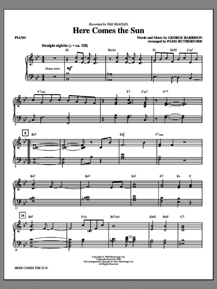 Here Comes The Sun (complete set of parts) sheet music for chamber ensemble by George Harrison, Paris Rutherford and The Beatles, intermediate skill level