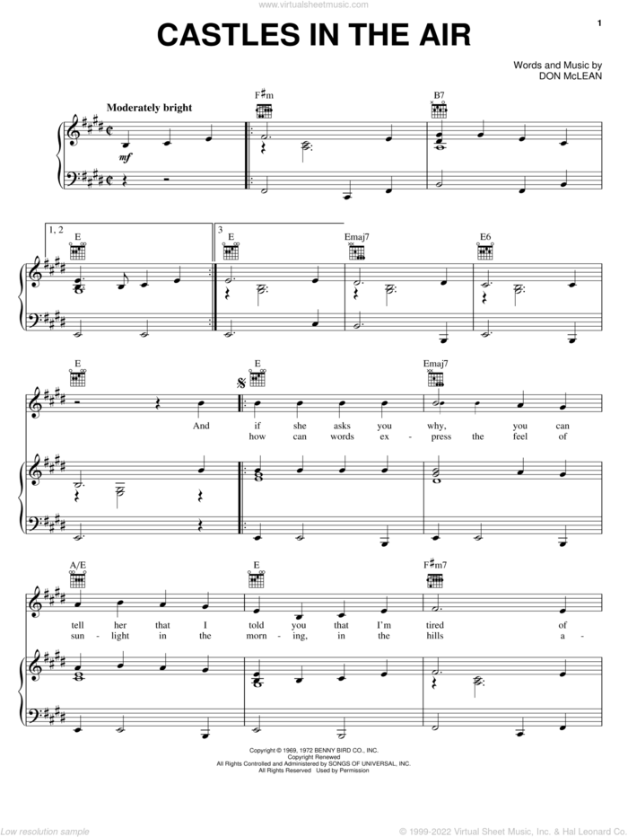 Castles In The Air sheet music for voice, piano or guitar by Don McLean, intermediate skill level