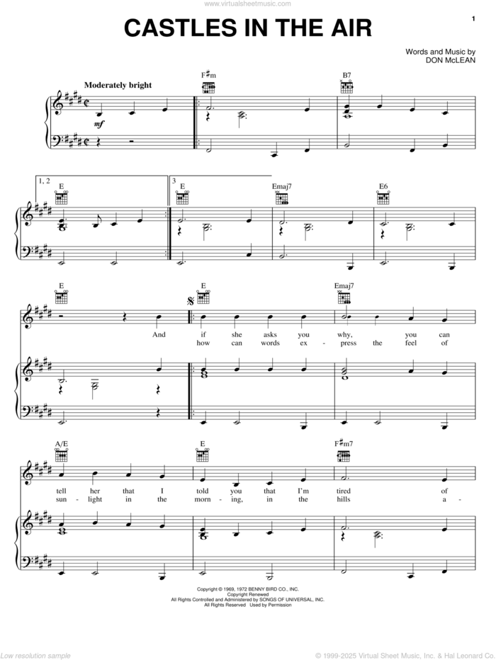 Castles In The Air sheet music for voice, piano or guitar by Don McLean, intermediate skill level