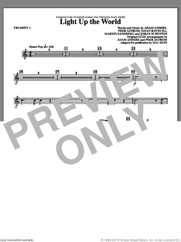 Light Up The World (complete set of parts) sheet music for orchestra/band by Mac Huff, Adam Anders, Glee Cast, Johan Schuster, Martin Sandberg, Peer Astrom and Savan Kotecha, intermediate skill level
