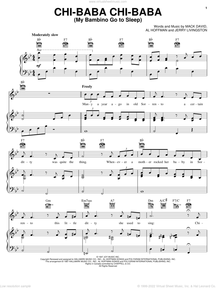 Chi-Baba Chi-Baba (My Bambino Go To Sleep) sheet music for voice, piano or guitar by Peggy Lee, Perry Como, Al Hoffman, Jerry Livingston and Mack David, intermediate skill level