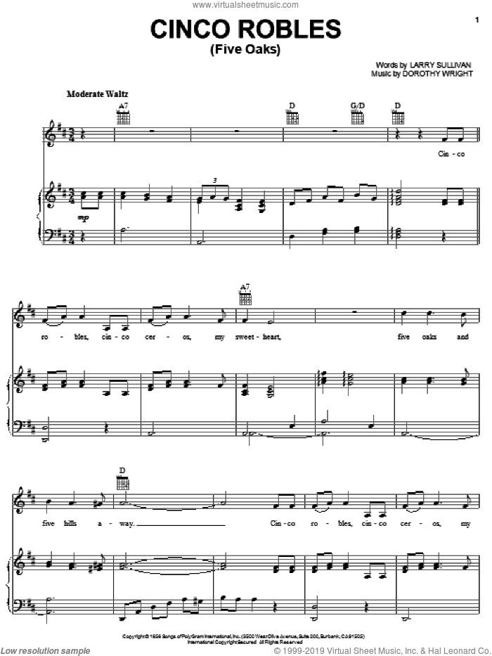 Cinco Robles (Five Oaks) sheet music for voice, piano or guitar by Les Paul & Mary Ford, Les Paul, Russell Arms, Dorothy Wright and Larry Sullivan, intermediate skill level