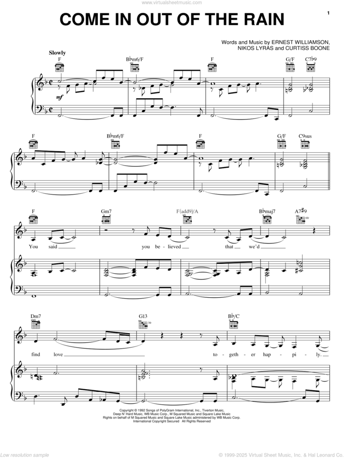 Come In Out Of The Rain sheet music for voice, piano or guitar by Wendy Moten, Curtiss Boone, Ernest Williamson and Nikos Lyras, intermediate skill level