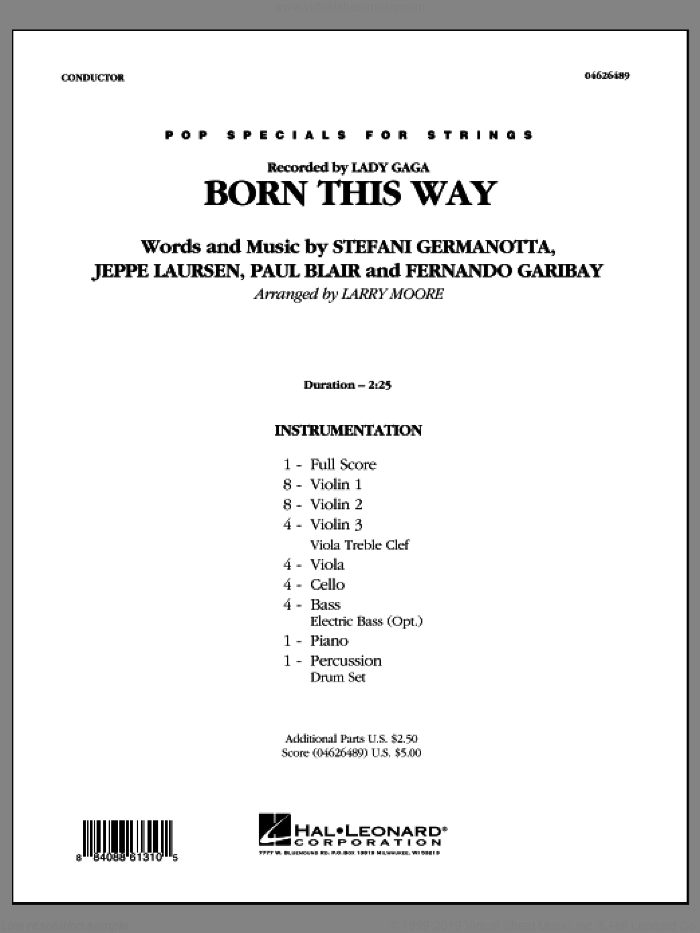 Born This Way (COMPLETE) sheet music for orchestra by Lady Gaga, Fernando Garibay, Jeppe Laursen, Paul Blair and Larry Moore, intermediate skill level