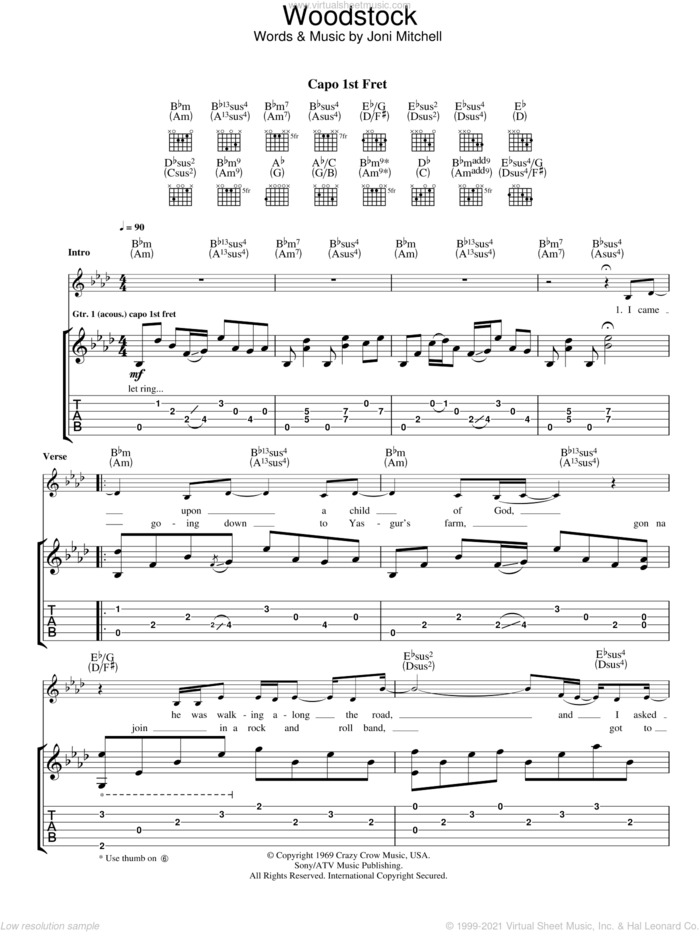 Woodstock sheet music for guitar (tablature) by Eva Cassidy, Joni Mitchell and Matthews Southern Comfort, intermediate skill level
