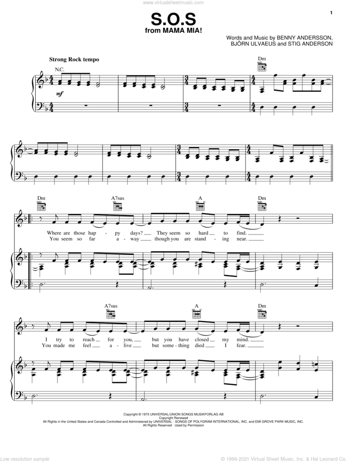 S.O.S. sheet music for voice, piano or guitar by ABBA, Mamma Mia! (Movie), Mamma Mia! (Musical), Benny Andersson, Bjorn Ulvaeus and Stig Anderson, intermediate skill level