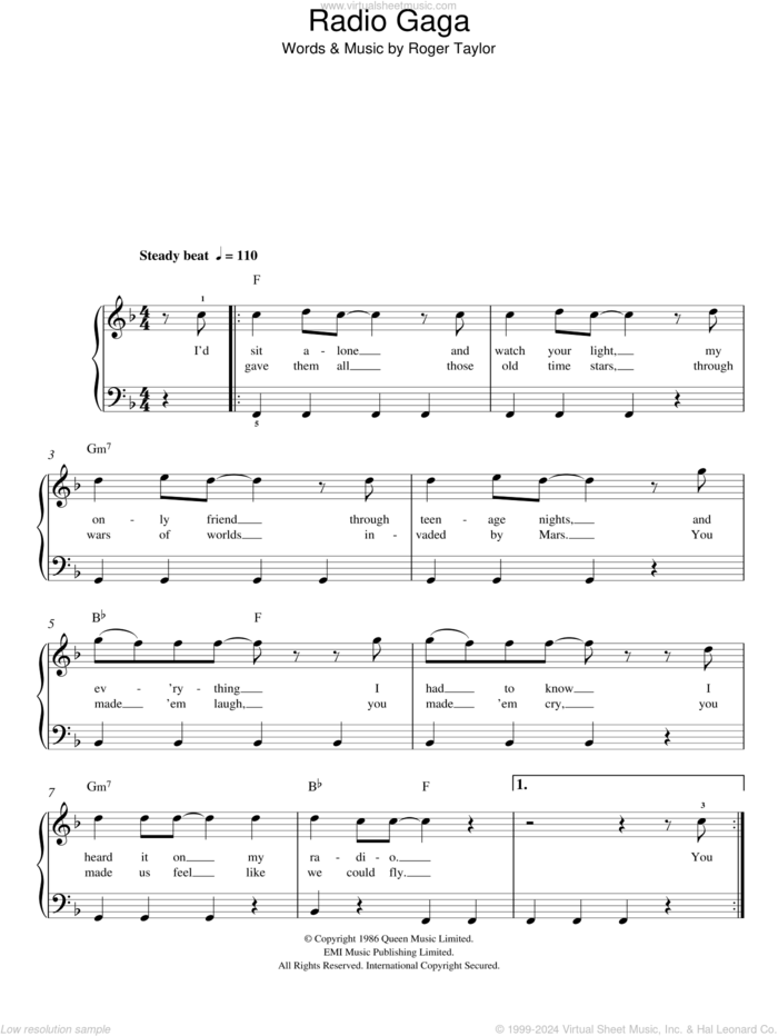 Radio Ga Ga sheet music for piano solo by Queen and Roger Taylor, easy skill level