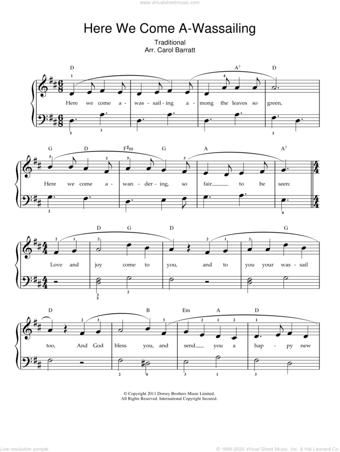 Here We Come A-Wassailing sheet music for voice and piano, intermediate skill level