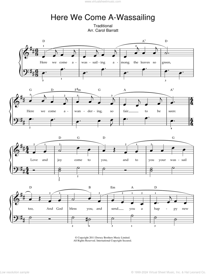 Here We Come A-Wassailing sheet music for voice and piano, intermediate skill level