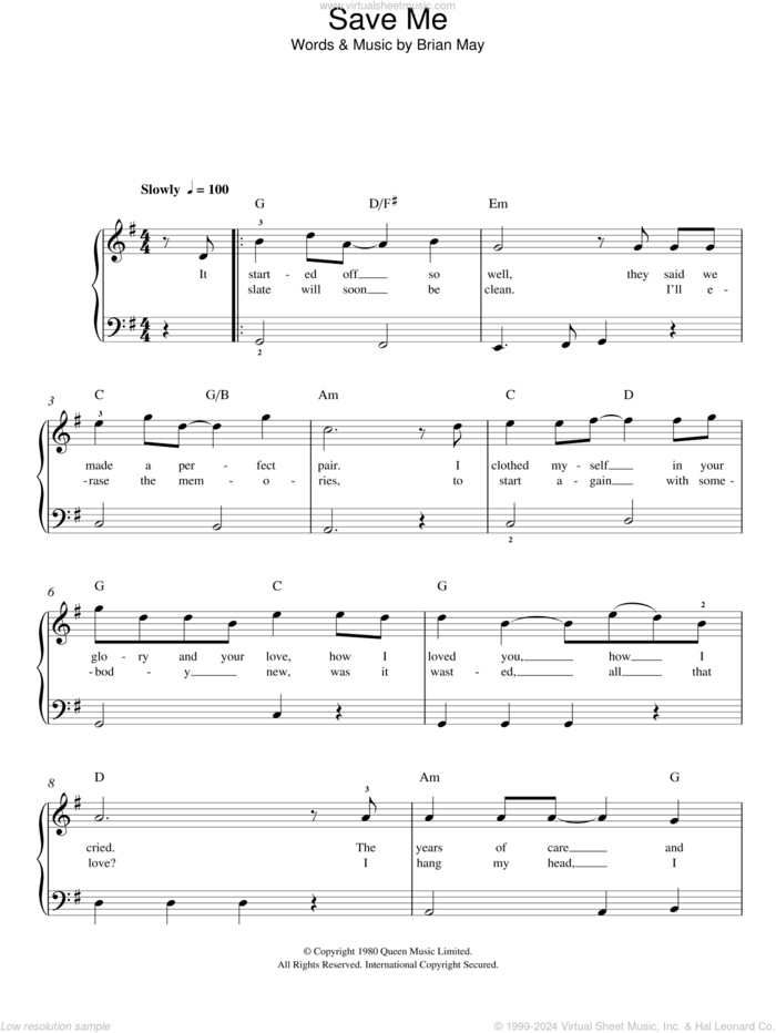 Save Me, (easy) sheet music for piano solo by Queen and Brian May, easy skill level