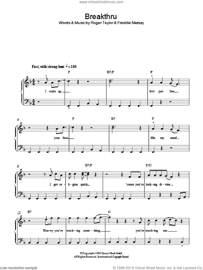 Breakthru sheet music for piano solo by Queen, Freddie Mercury and Roger Taylor, easy skill level