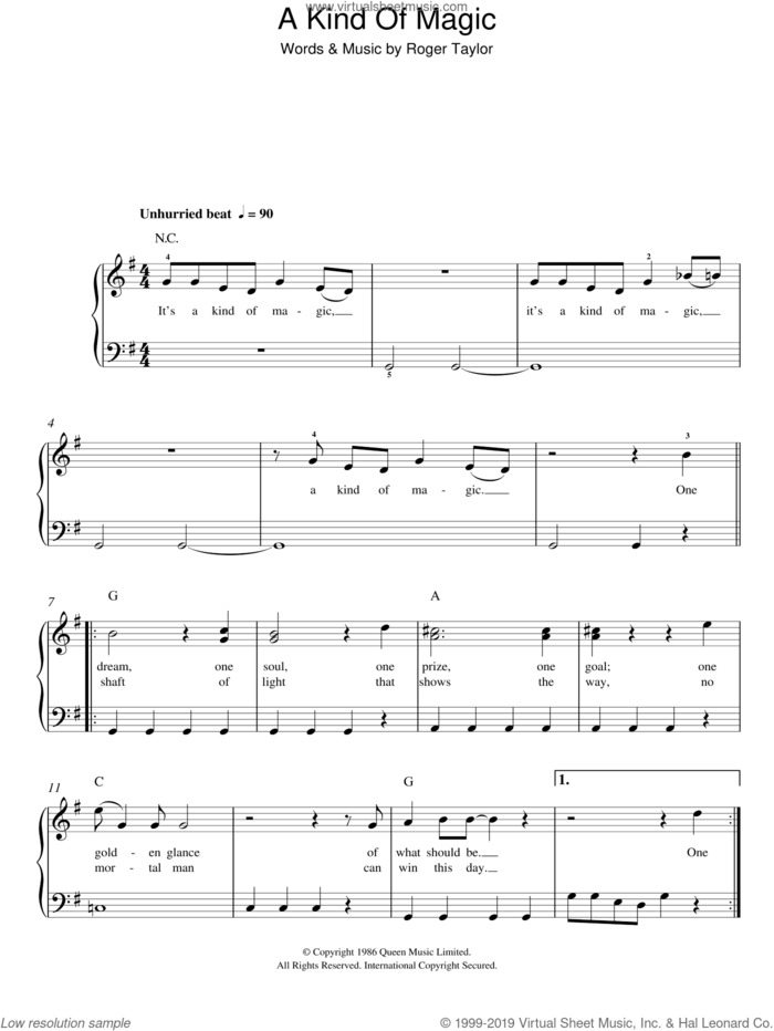A Kind Of Magic sheet music for piano solo by Queen and Roger Taylor, easy skill level