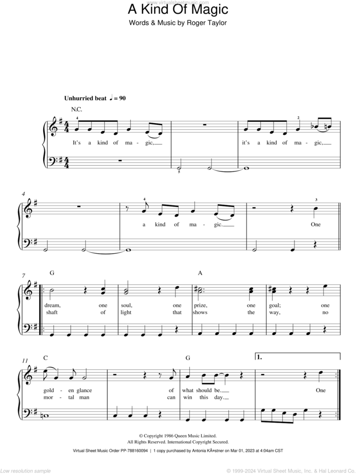 A Kind Of Magic, (easy) sheet music for piano solo by Queen and Roger Taylor, easy skill level