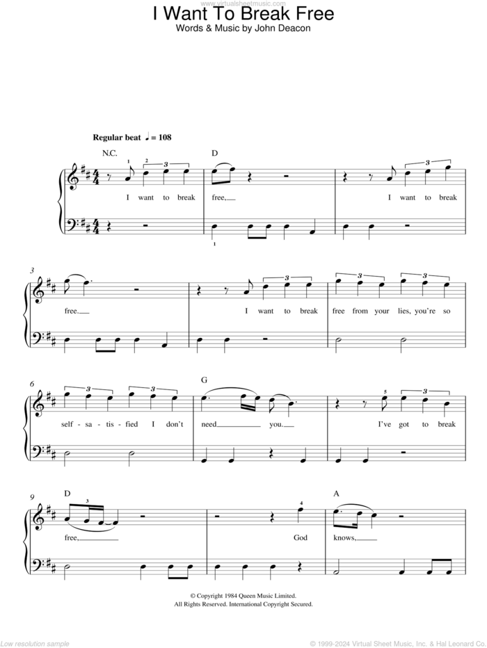 I Want To Break Free sheet music for piano solo by Queen and John Deacon, easy skill level