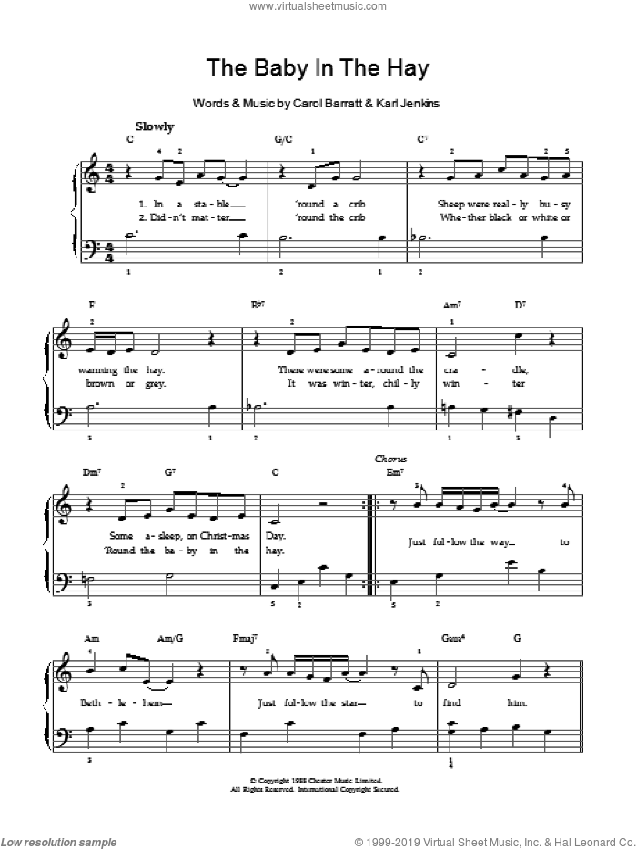 The Baby In The Hay sheet music for voice and piano by Carol Barratt and Karl Jenkins, classical score, intermediate skill level