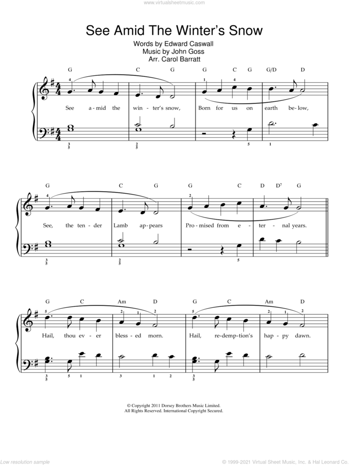 See Amid The Winter's Snow sheet music for voice and piano by Edward Caswall and John Goss, intermediate skill level