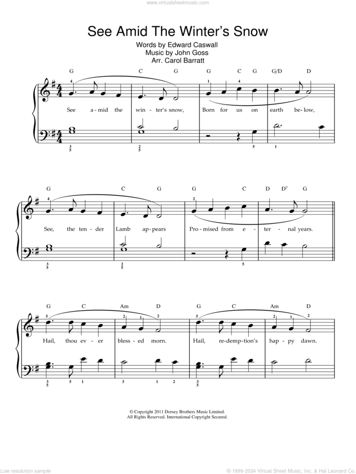 See Amid The Winter's Snow sheet music for voice and piano by Edward Caswall and John Goss, intermediate skill level