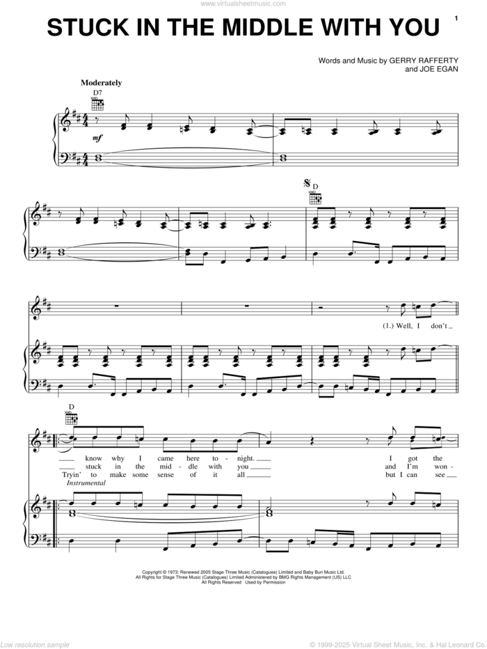 Stuck In The Middle With You sheet music for voice, piano or guitar by Stealers Wheel, Gerry Rafferty and Joe Egan, intermediate skill level