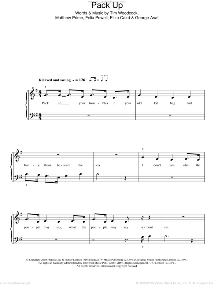 Pack Up sheet music for piano solo by Eliza Doolittle, Eliza Caird, Felix Powell, George Asaf, Matthew Prime and Tim Woodcock, easy skill level