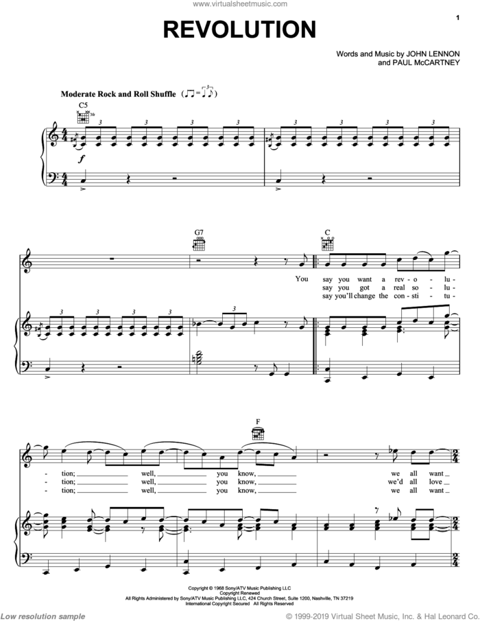Revolution sheet music for voice, piano or guitar by The Beatles, Across The Universe (Movie), John Lennon and Paul McCartney, intermediate skill level
