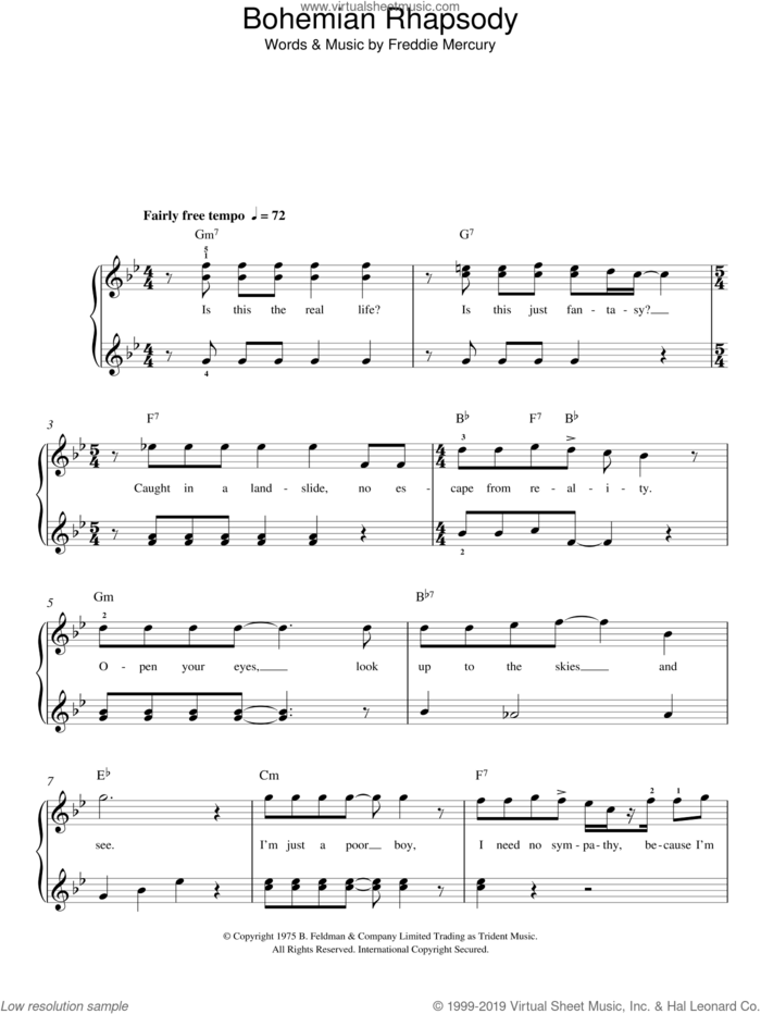 Bohemian Rhapsody sheet music for piano solo by Queen and Freddie Mercury, easy skill level