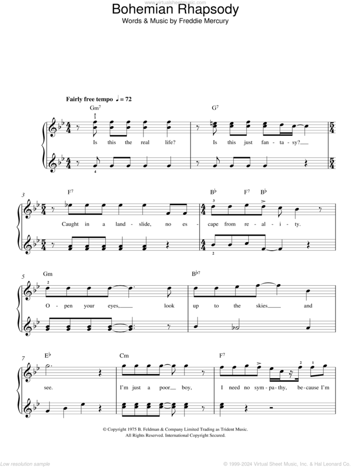 Bohemian Rhapsody sheet music for piano solo by Queen and Freddie Mercury, easy skill level