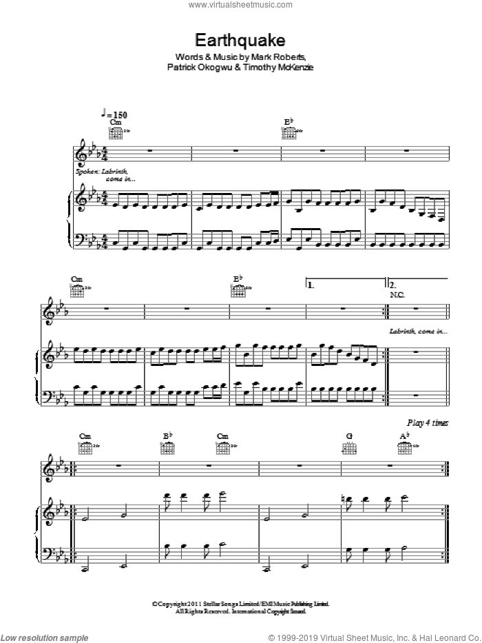 Earthquake sheet music for voice, piano or guitar by Labrinth featuring Tinie Tempah, Mark Roberts, Patrick Okogwu and Timothy McKenzie, intermediate skill level