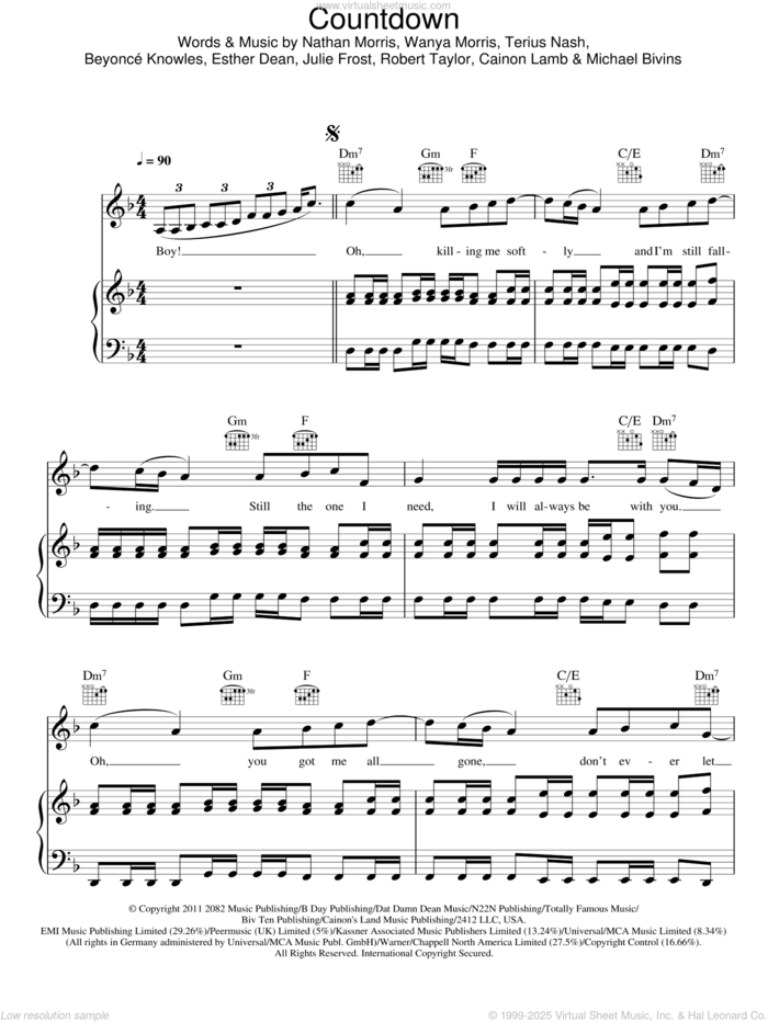 Countdown sheet music for voice, piano or guitar by Beyonce, Beyonce Knowles, Cainon Lamb, Ester Dean, Julie Frost, Michael Bivins, Nathan Morris, Robert Shea Taylor, Terius Nash and Wanya Morris, intermediate skill level